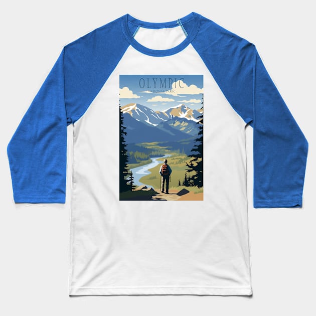 Olympic National Park Travel Poster Baseball T-Shirt by GreenMary Design